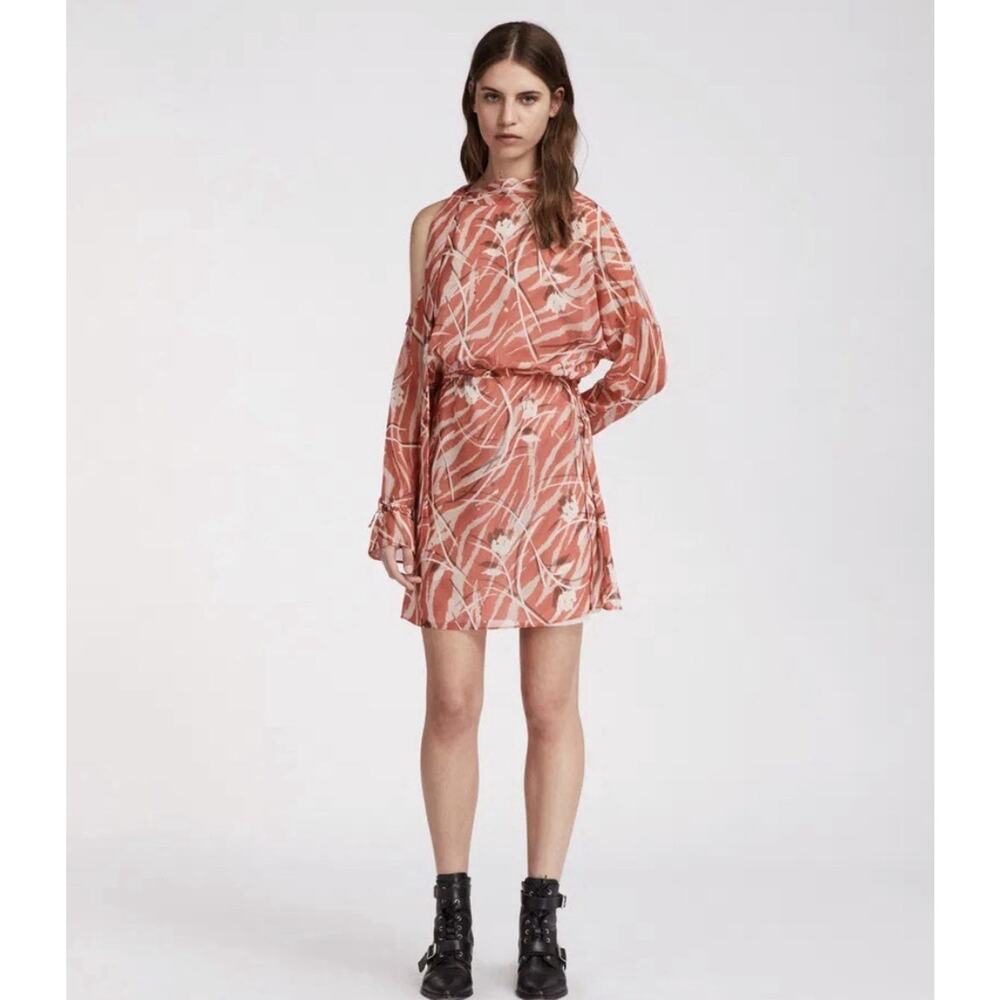 AllSaints Neela Kazuno Flowy Cold Shoulder Mini Dress in Coral Print, Sz S